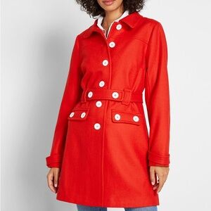 MODCLOTH Women's Red Wool Belted Trench Coat Size Medium